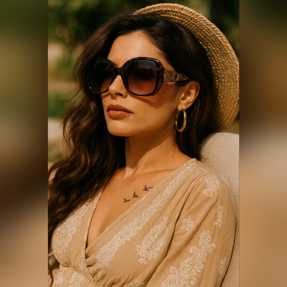 Oversized Brown Gradient Sunglasses with Gold Floral Arms Bohemian Festival Retr